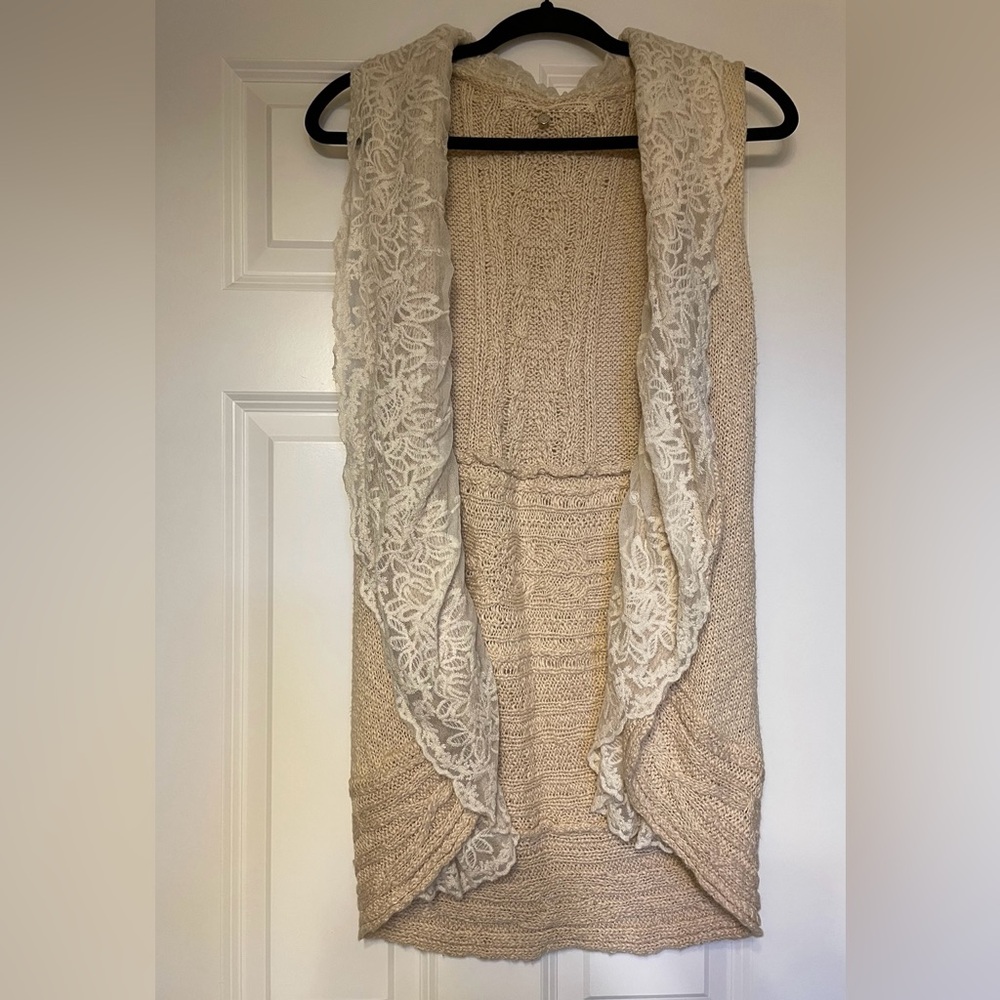 Anthropologie Knitted & Knotted Lace Knitted Cream Sweater Vest/Open Cardigan - Picture 2 of 7